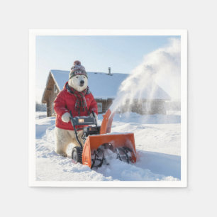 Christmas Polar Bear Pushing a Snowblower Napkin