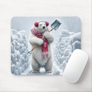 Christmas Polar Bear Shoveling Snow Mouse Mat