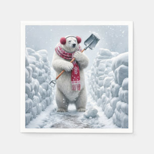 Christmas Polar Bear Shoveling Snow Napkin