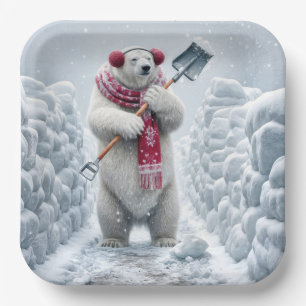 Christmas Polar Bear Shoveling Snow Paper Plate