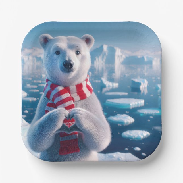 Christmas Polar Bear With a Heart Paper Plate (Front)