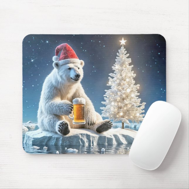 Christmas Polar Bear With Beer Mouse Mat (With Mouse)