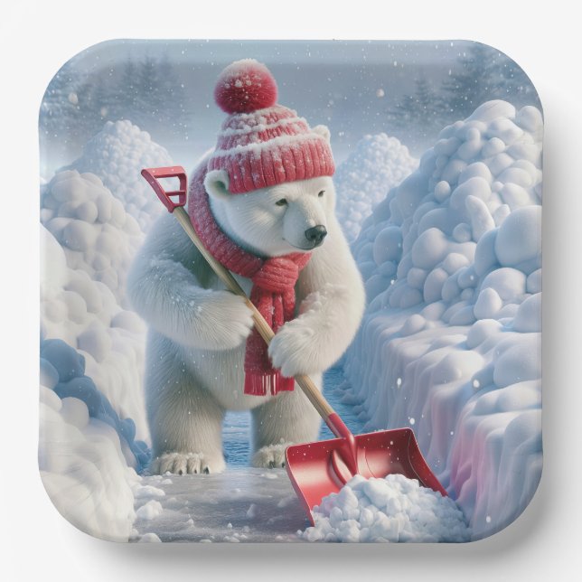 Christmas Polar Bear With Red Shovel Paper Plate (Front)