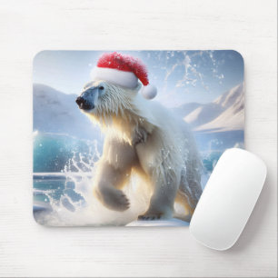 Christmas Polar Bear With Santa Cap Mouse Mat