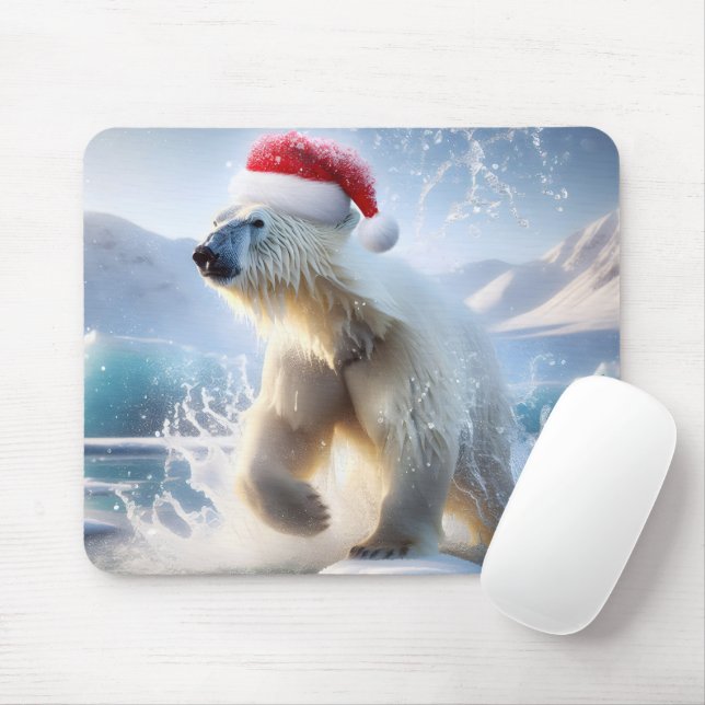 Christmas Polar Bear With Santa Cap Mouse Mat (With Mouse)