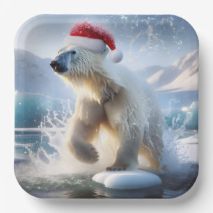 Christmas Polar Bear With Santa Cap Paper Plate
