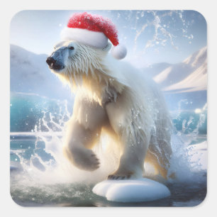 Christmas Polar Bear With Santa Cap Square Sticker