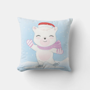 Christmas Polar Bear with Santa Hat in Snowfall Cushion