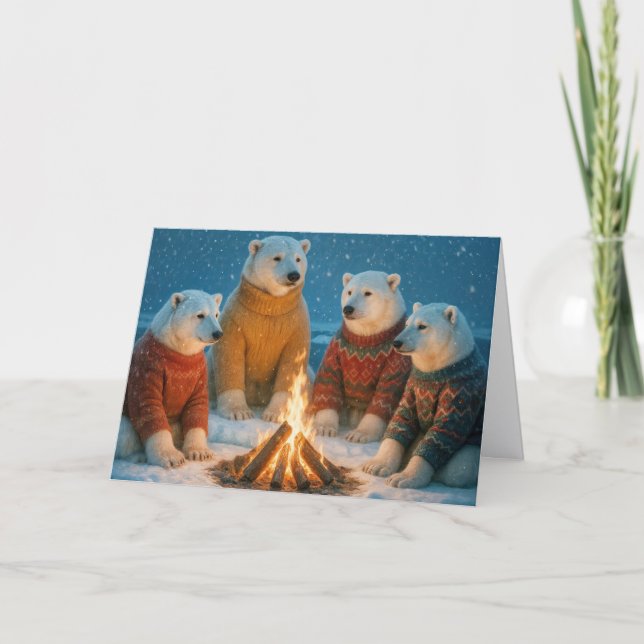 Christmas Polar Bears Around a Bonfire Card (Front)