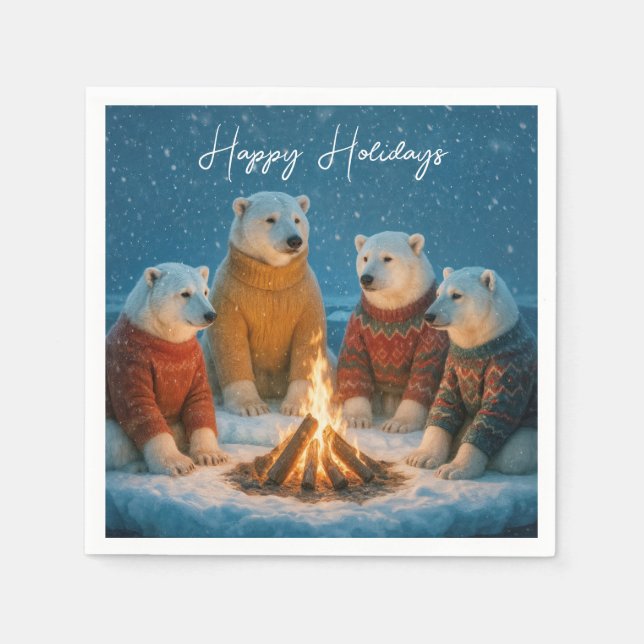 Christmas Polar Bears Around a Bonfire Napkin (Front)
