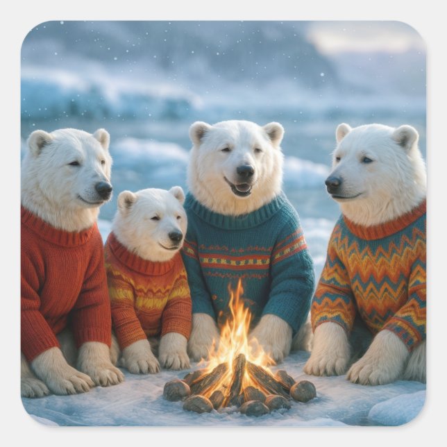 Christmas Polar Bears Around a Bonfire Square Sticker (Front)