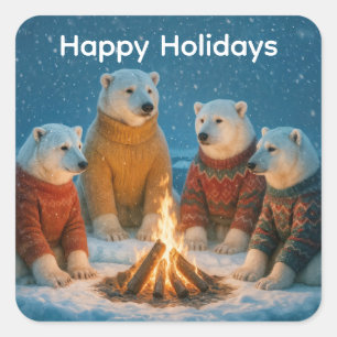 Christmas Polar Bears Around a Bonfire Square Sticker