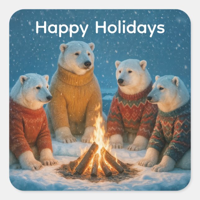 Christmas Polar Bears Around a Bonfire Square Sticker (Front)
