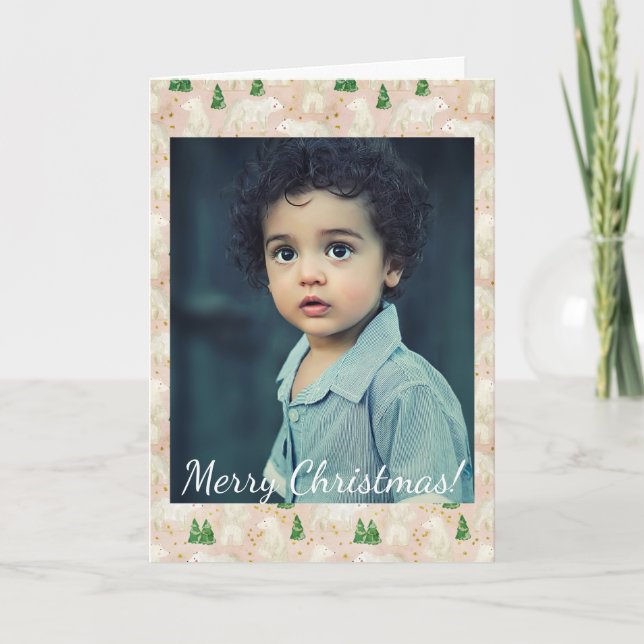 Christmas Polar Bears in Evergreen Forest Photo Note Card (Front)