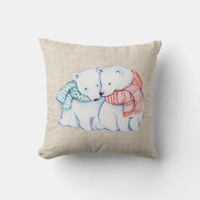 christmas polar bears linen look pillow cushion (Front)