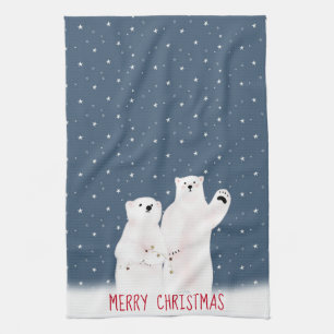 Christmas Polar Bears On Stars Kitchen Towel