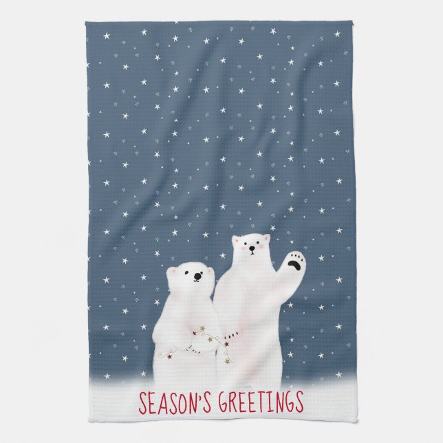 Christmas Polar Bears On Stars Kitchen Towel (Vertical)