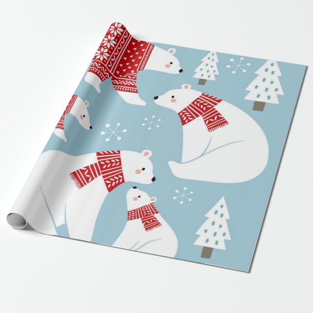 Christmas Polar Bears Wearing Red Sweater Wrapping Paper (Unrolled)