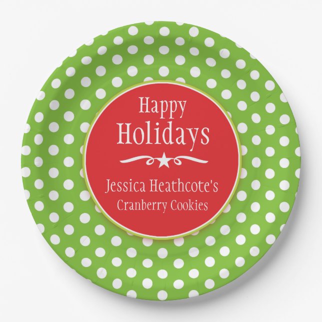 Christmas polka name cookie exchange paper plate (Front)