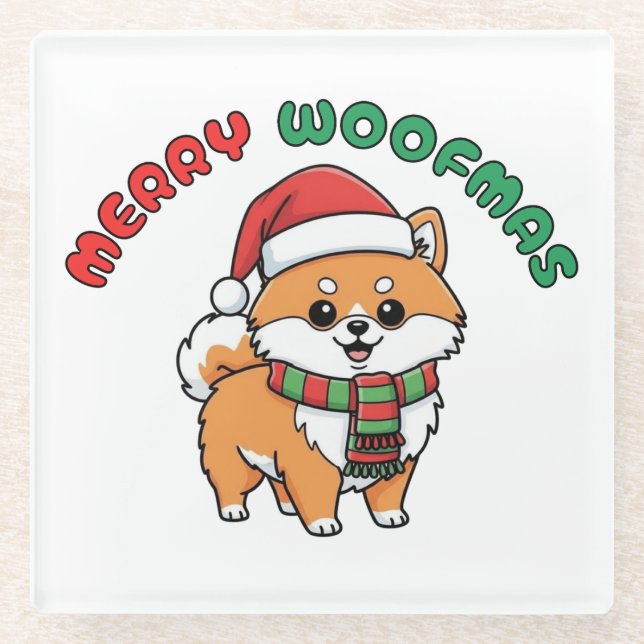 Christmas Pomeranian Coaster: Merry Woofmas Glass Coaster (Front)