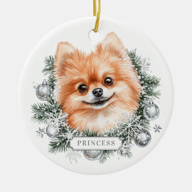 Christmas Pomeranian Dog Ceramic Circle Ornament (Front)