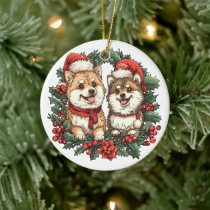 Christmas Pomeranian Dogs Mistletoe Wreath Ceramic Tree Decoration