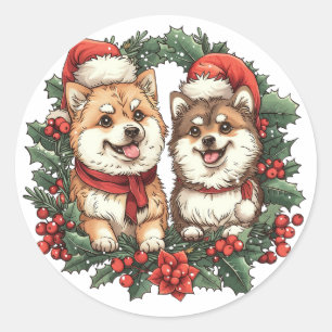 Christmas Pomeranian Dogs Mistletoe Wreath Classic Round Sticker