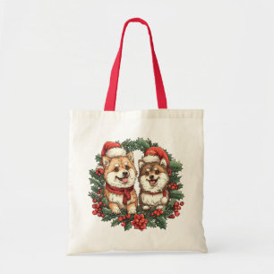 Christmas Pomeranian Dogs Mistletoe Wreath Tote Bag