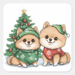Christmas Pomeranian Dogs Square Sticker