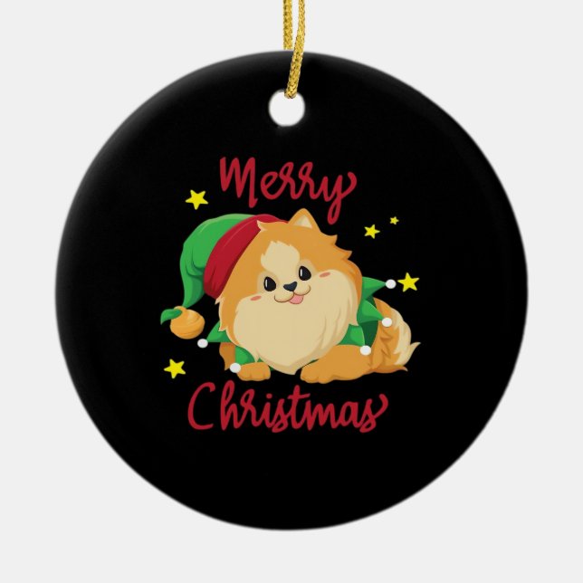 Christmas Pomeranian Merry Xmas Essential T-Shirt Ceramic Tree Decoration (Front)