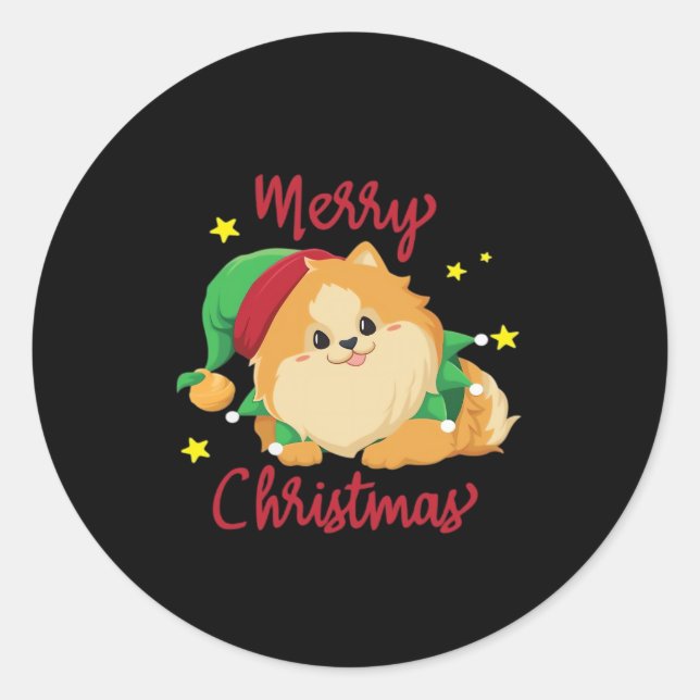 Christmas Pomeranian Merry Xmas Essential T-Shirt Classic Round Sticker (Front)