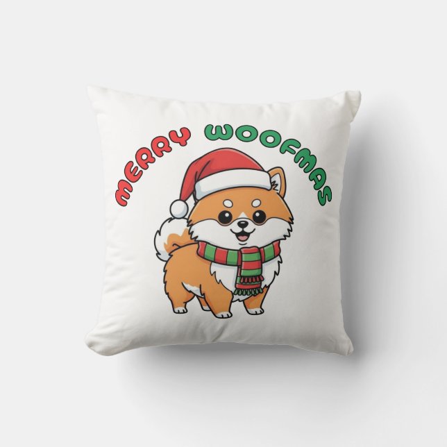 Christmas Pomeranian Pillow: Merry Woofmas Cushion (Front)