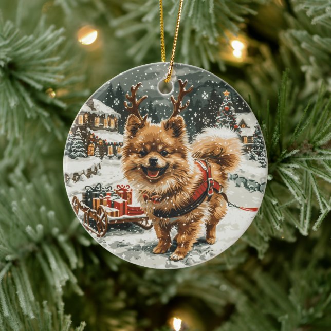 Christmas Pomeranian Reindeer Dog Ceramic Tree Decoration (Tree)