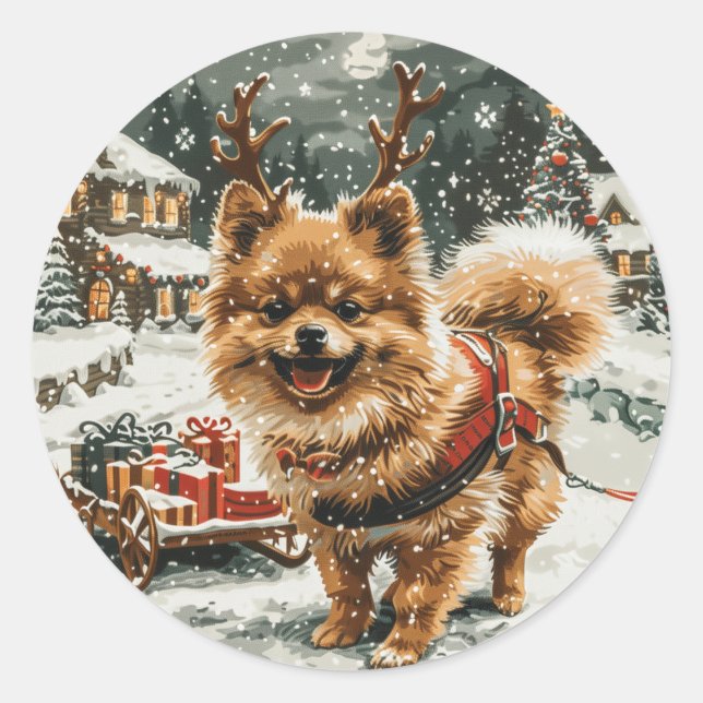 Christmas Pomeranian Reindeer Dog Classic Round Sticker (Front)