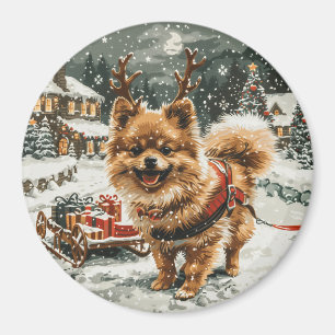 Christmas Pomeranian Reindeer Dog Magnet