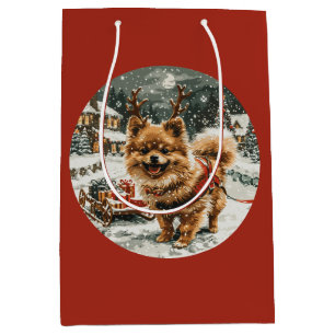 Christmas Pomeranian Reindeer Dog Medium Gift Bag