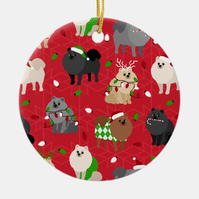 Christmas Pomeranians Ceramic Tree Decoration (Front)