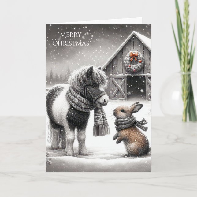 Christmas Pony and Bunny On the Farm Holiday Card (Front)