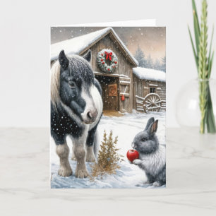 Christmas Pony and Rabbit On a Farm Holiday Card