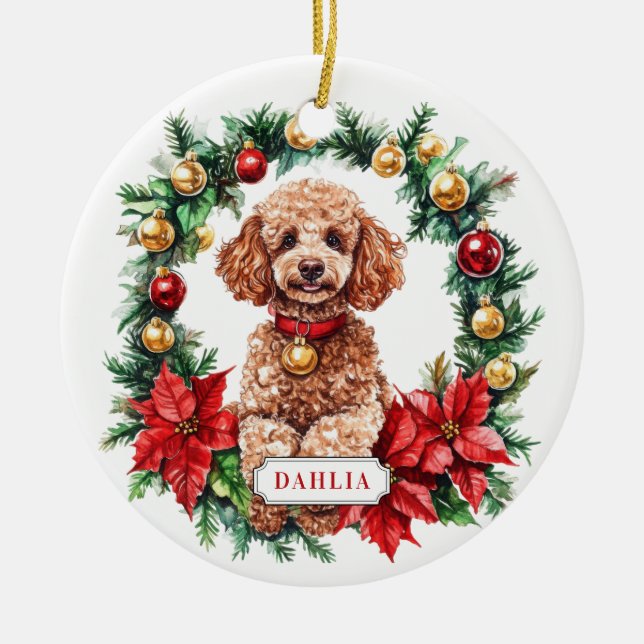 Christmas Poodle Ceramic Circle Ornament (Front)