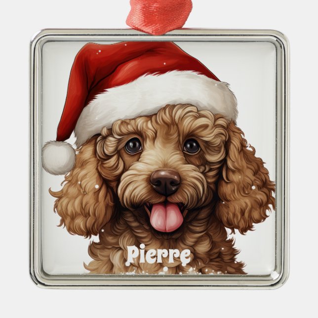 CHRISTMAS POODLE PUPPY DOG WITH SANTA HAT METAL TREE DECORATION (Front)