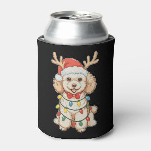 Christmas Poodle Reindeer Dog Santa Hat Xmas Light Can Cooler