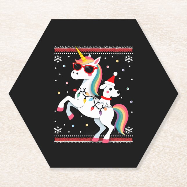 Christmas Poodle Unicorn Sunglasses Poodles T-Shir Paper Coaster (Front)