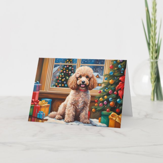 Christmas Poodle with Presents and Christmas Tree  Holiday Card (Front)