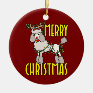 Christmas Poodle with Reindeer Antlers Ceramic Tree Decoration