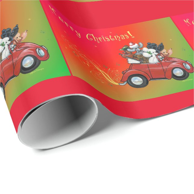 Christmas Poodles Vintage Car Wrapping Paper (Roll Corner)