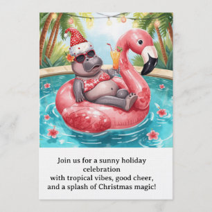 Christmas Pool Party  Cute Hippo on Flamingo Float Invitation