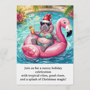 Christmas Pool Party  Cute Hippo on Flamingo Float Invitation