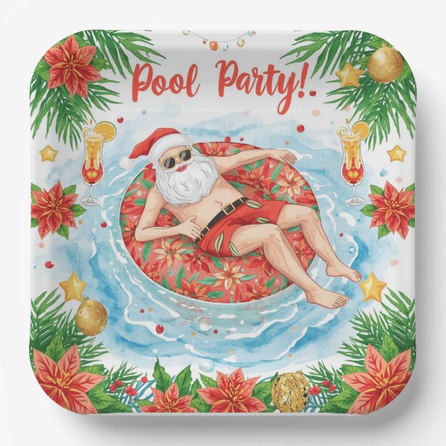 Christmas Pool Party with Santa Claus  Paper Plate (Front)