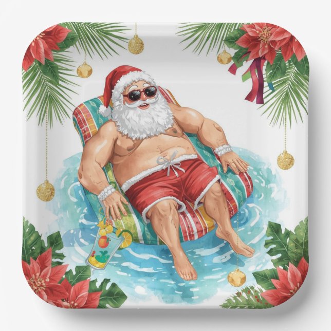 Christmas Pool Party with Santa Claus  Paper Plate (Front)